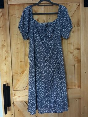 SHEIN Curve 3XL Blue Ditsy Floral Puff‎ Sleeve Midi Dress Smocked Back